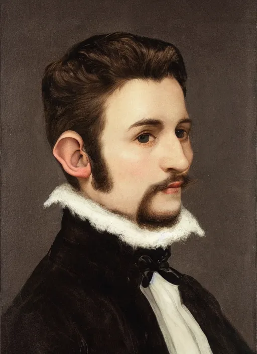 Image similar to portrait of handsome young elf with brown eyes brown hair and a short neat beard by charles angrand, only one head single portrait, pointy ears, wearing a black leather collared jacket