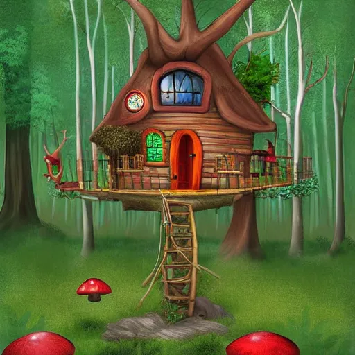 Image similar to a gnome treehouse surrounded by trees and red mushrooms with a deer digital art