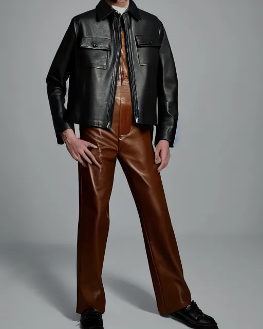 Prompt: an award - winning photo of a brown cropped extremely baggywarrior designer menswear leather jacket with an oversized collar and bootcut trousers designed by alexander mcqueen, 4 k, studio lighting, wide angle lens