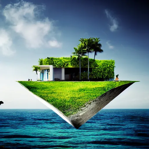 Prompt: surreal architecture concept, sea, villa, people, beach, artistic, ecology, green.