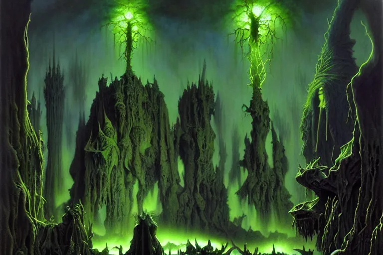 Image similar to darker shades of forgotten misery and despair by michael whelan and roger dean and brom and hubert robert and greg staples and donato giancola, beautiful, mythical, scaled robes, highly detailed, hyperrealistic, intricate, energy, electricity, blue flame, low light, green crystal, high contrast, lifelike