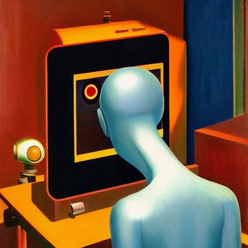 Image similar to a mesmerized robot staring at a computer screen, beams coming out of glowing eyes, portrait, pj crook, grant wood, edward hopper, syd mead, chiaroscuro, oil on canvas