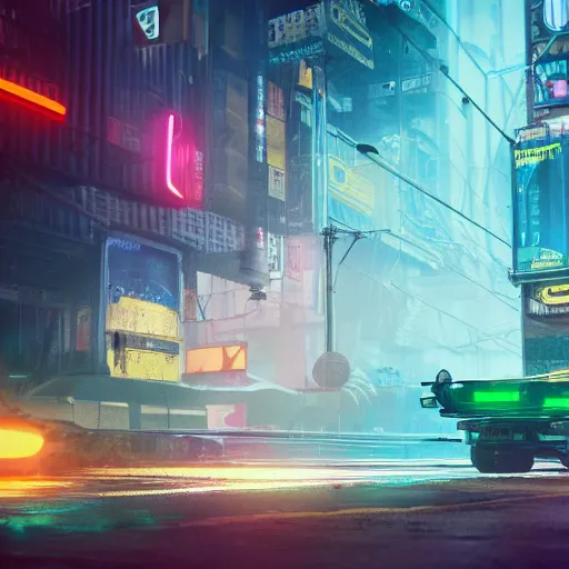 Image similar to a 3 d rendered in unreal engine guatemalan cyberpunk city with neon ads and signs with evocative dramatic mood with blade runner vibe with cars with motion blur with depth of field with bloom with lightshaft with volumetric lights, fog, by scott robertson, oscar winning graphics, photo realistic, bloom, imax, dynamic lighting, artstation,