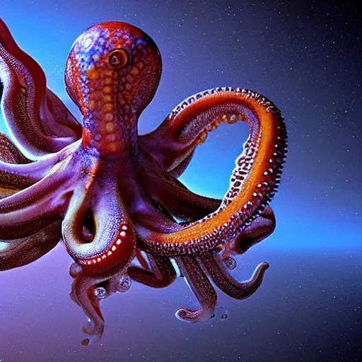 Image similar to hyperrealism simulation of parallel universe highly detailed octopuses'floating in deep space in surreal scene from art house movie from future by caravaggio rendered in mandelbulb 4 d and blender and octane render