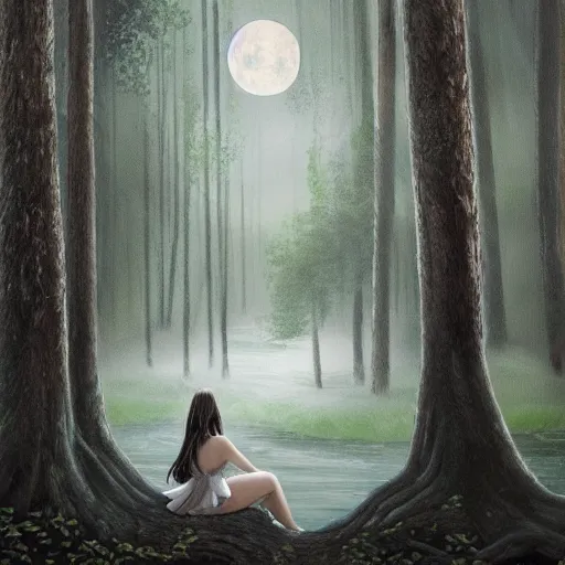 Image similar to a painting of a girl in a white dress sitting on the roots of a gigantic ancient tree next to a pond, surrounded by a towering dark forest, the moon can be glimpsed through the trees and is veiled by fog, midnight, dark fantasy, fantasy forest, spooky forest