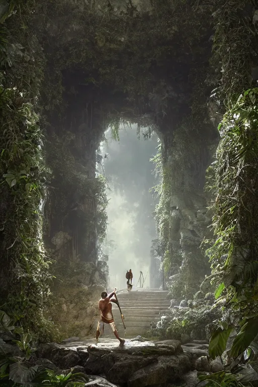 Image similar to a wide shot of a frail adventurer lost in a dense, forbidden jungle stumbles upon an ancient, and enormous doorway adorned with bas - reliefs depicting scenes of creation, marred by time and shrouded in leaves. hyper - realistic, octane render, cinematic, 8 k resolution, by edgar maxence and ross tran and michael whelan