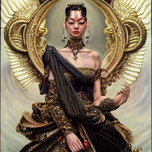 Image similar to highly detailed oil painting, very intricate, cinematic lighting, award - winning, portrait of the asian goddess of goth dressed by alexander mcqueen, by roberto ferri, by tom bagshaw, by j. c. leyendecker and klimt, american romanticism, by austin osman spare, artstation, cgsociety, official art, octane