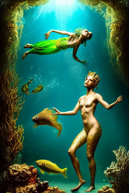 Image similar to hyperrealistic neo - rococo cinematic half underwater scene with fish and algae, very expressive! translucent elegant african goddess getting out of water, gold jewerly, highly detailed face, digital art masterpiece, aykut aydogdu zener, dramatic volumetric light, long shot, low angle uhd 8 k, sharp focus