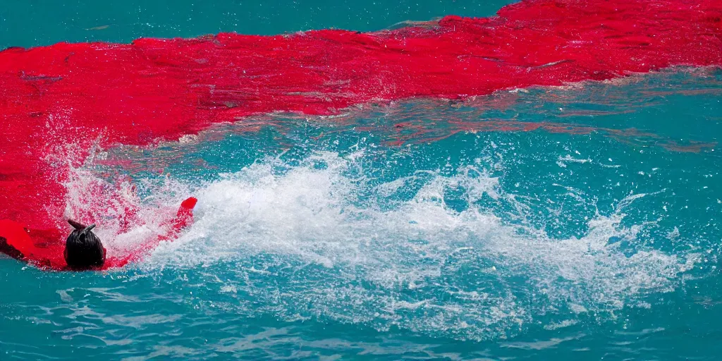 Prompt: a bullfighter swimming in a red ocean