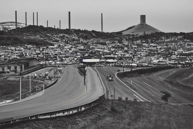 Prompt: a centered road next to warehouses, and a hill background with a radio tower on top, 3 0 0 mm telephoto lens