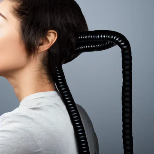 Image similar to black cable plugged in, back of head, woman, computer