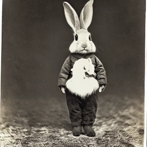 Image similar to a rabbit as a north pole explorer, black and white 1 8 9 0 s photograph