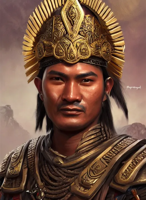 Image similar to smart tai warlord, ayothaya, closeup portrait, without beard and mustache, historical hero, ethnic group, tai costume, tai traditional bronze headdress, intricate, with leather armor cross on bare chest, elegant, loin cloth, highly detailed, oil painting, artstation, concept art, matte, sharp focus, illustration, hearthstone, art by earl norem