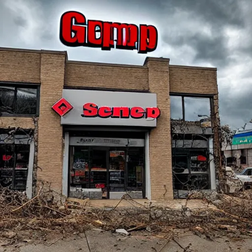 Prompt: gamestop in the year 3 0 2 2, found footage, ruins, creepy, destroyed, vines, hole in roof