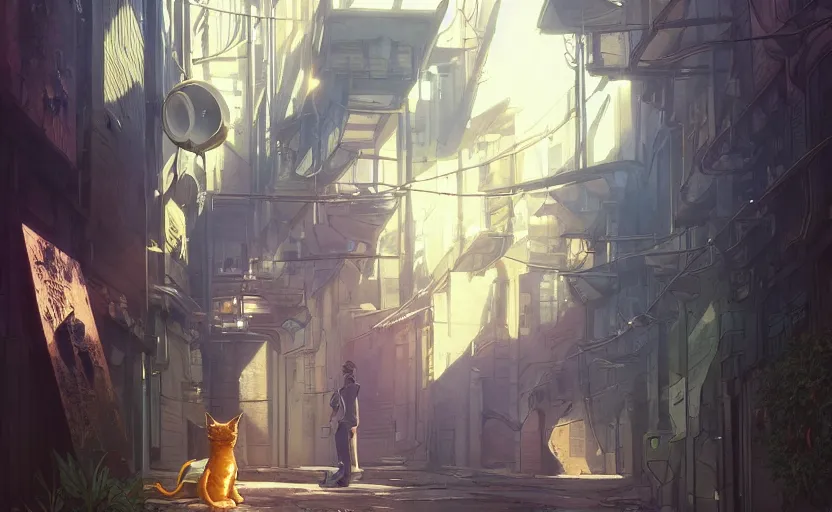 Image similar to low angle shot of a cat stretching in an alleyway in a space opera cyberpunk studio ghibli animated film, volumetric lighting, octane render by anime, stanley artgerm lau, greg rutkowski, thomas kindkade, alphonse mucha, loish, norman rockwel, highly detailed