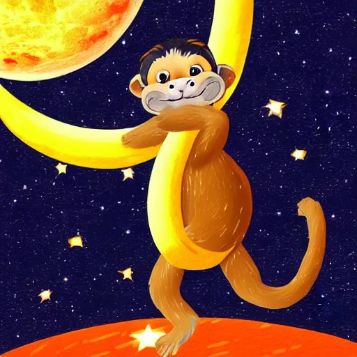 Image similar to a giant monkey eating a banana in the moon, space, night, realistic, fur, star wars style, neon, laser