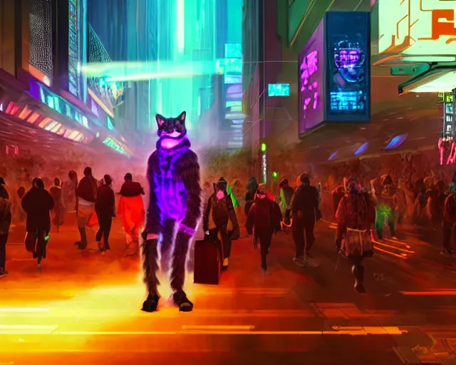 Image similar to high - resolution photograph from a cyberpunk era furry fandom convention ( midwest furfest 2 0 4 7 ), taking place after the genetic revolution and quantum singularity. photorealistic.