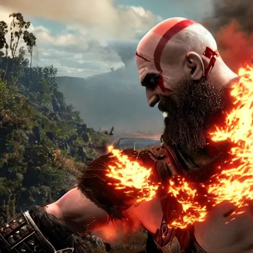 Image similar to kratos jumping a black harley - davidson motorcycle off a cliff, cinematic render, playstation studios official media, god of war 2 0 1 8, flames, centered