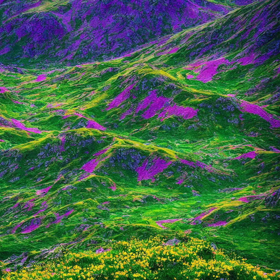 Image similar to valley of flowers, high and small monoliths, one man, renaissance, film grain, bright colors, zancan, high detailed,