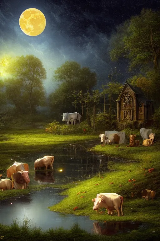 Image similar to a beautiful digital illustration painting of a detailed gothic fantasy secret calm creek babbling brooke cows drinking moon in sky fireflies, by benoit b. mandelbrot, steven belledin, martin johnson heade, lee madgwick, caspar david friedrich, and david rios ferreira. 8 k resolution trending on artstation concept art digital illustration