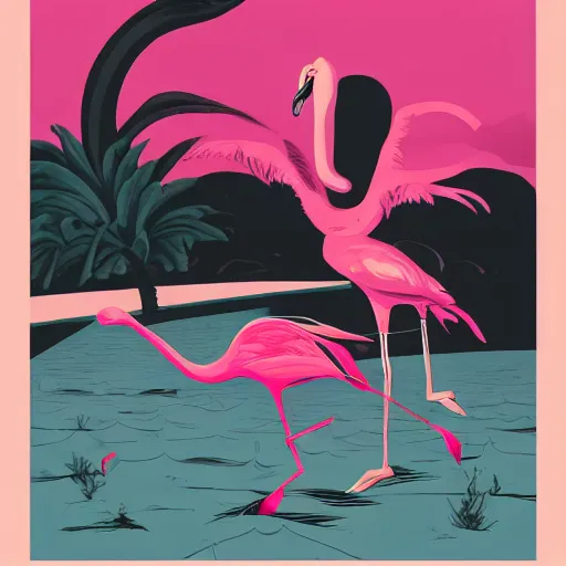 Image similar to A surreal comic noir illustration containing Dita Von Teese and Flamingos on a desert beach oasis by Salvador Dali, dark vibes, high contrast, pastel lighting, cinematic, depth of field, 8k