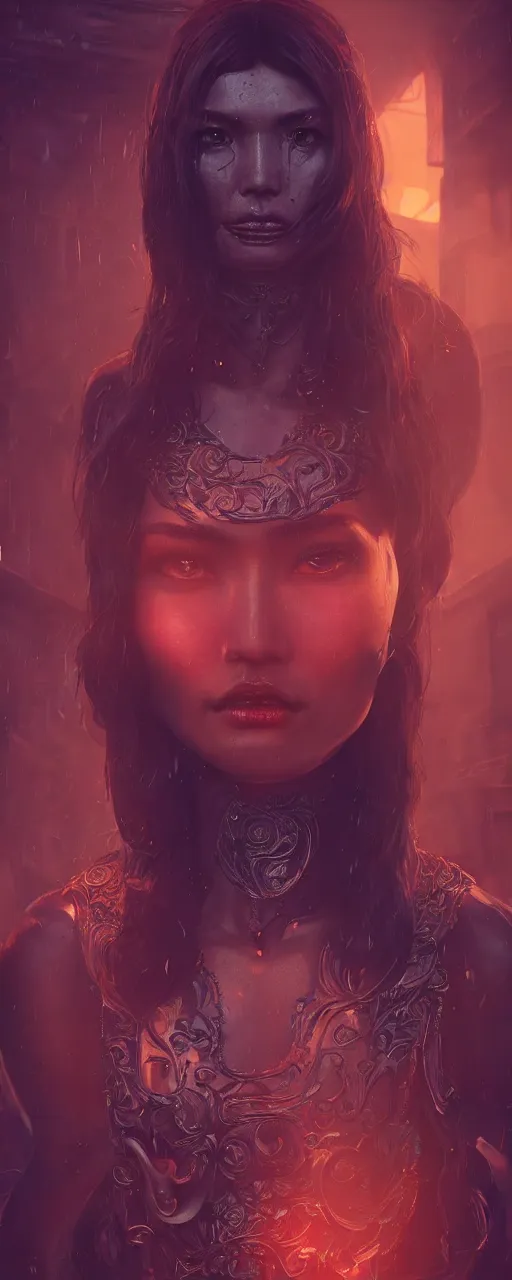 Prompt: portrait of gemma chan tavern bard, surrealistic, intricate face, crazy expression, sweat, narrow dark streets with exotic dancers, vaporwave aesthetics, 8 k uhd, unreal engine, octane render in the artstyle of finnian macmanus, john park and greg rutkowski