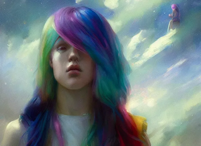 Prompt: a girl with rainbow hair standing in a spaceship, official art, by jeremy lipking, by artgerm, realistic expressive oil painting, cgsociety, anime style, detailed spaceship interior, octane render