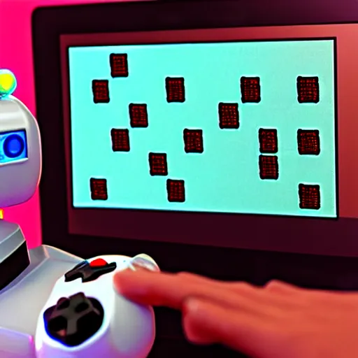 Prompt: an cute elaborate robot coding, on screen old video game shown, robot hold a controller