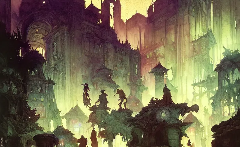 Prompt: the night of the 5 murderous sorcerers, fantasy. intricate, amazing composition, colorful watercolor, by ruan jia, by maxfield parrish, by marc simonetti, by hikari shimoda, by robert hubert, by zhang kechun, illustration, gloomy