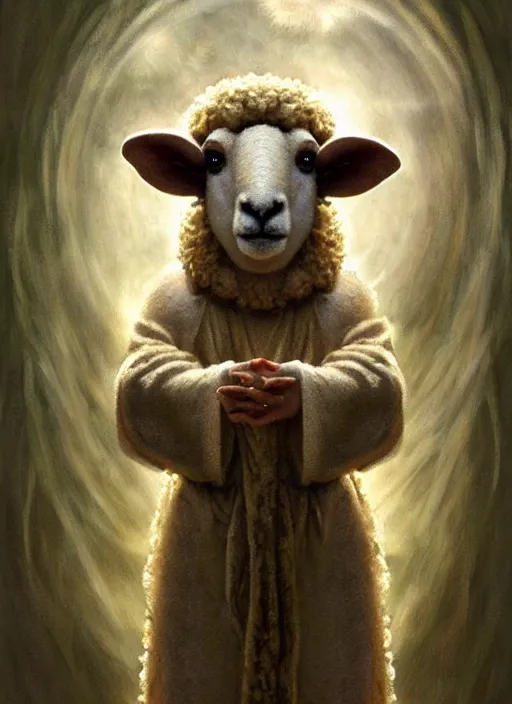 Prompt: sheep wearing robes standing in a circle, performing a sacrifice, mysterious jungle painting, elegant intricate digital painting artstation concept art by mark brooks and brad kunkle detailed