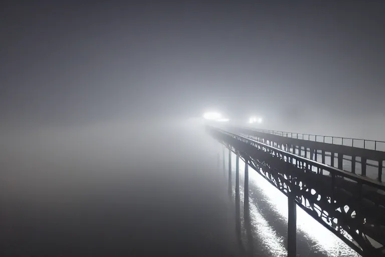 Image similar to an endless liminal bridge, fog, mid night, 4k