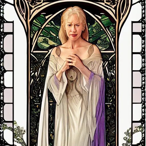 Prompt: helen mirren as galadriel, mucha style,