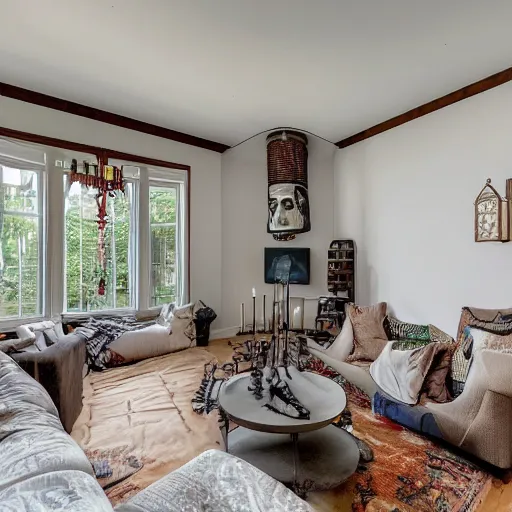 Prompt: a real estate home interior photo. a satanic ritual in the living room.