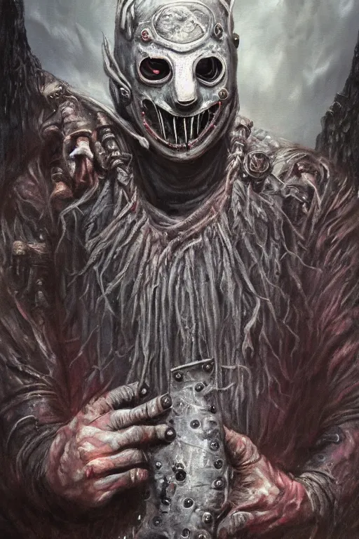 Image similar to a full body high detail fantasy portrait oil painting illustration of slipknot band bloodborne by justin sweet with face and body clearly visible, in a scenic background, insane, realistic proportions, d & d, rpg, forgotten realms, artstation trending, high quality, sombre mood, artstation trending, muted colours, entire person visible!