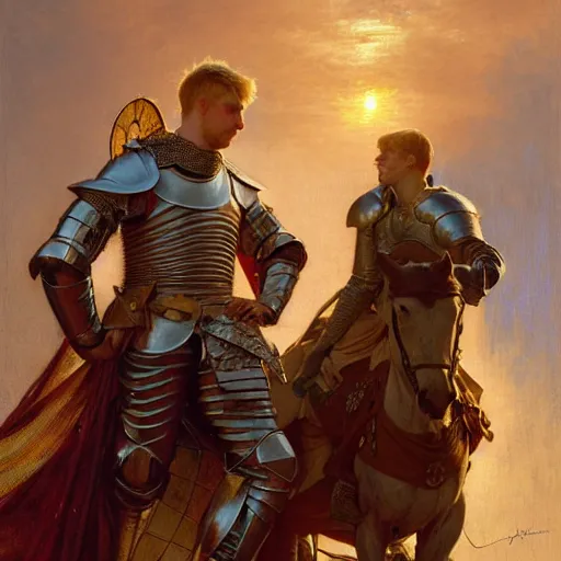 Image similar to attractive arthur pendragon and his attractive male knight, they are in love, natural lighting, path traced, highly detailed, high quality, digital painting, by gaston bussiere, craig mullins, alphonse mucha j. c. leyendecker