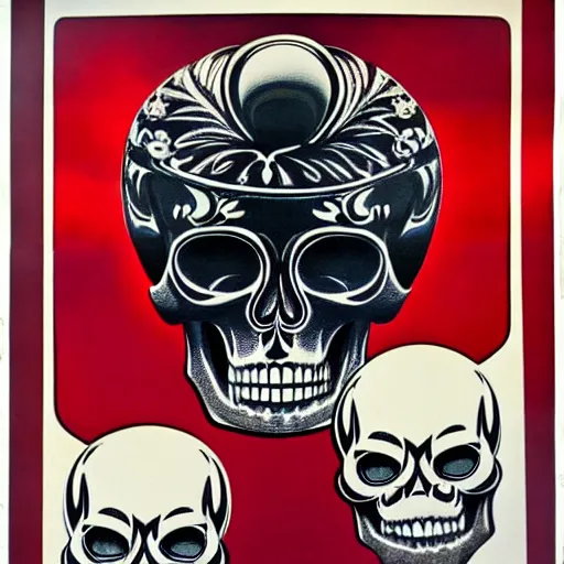 Prompt: 1 9 7 0 s airbrushed poster featuring art deco chrome skull, key light, intricate ornamental designs