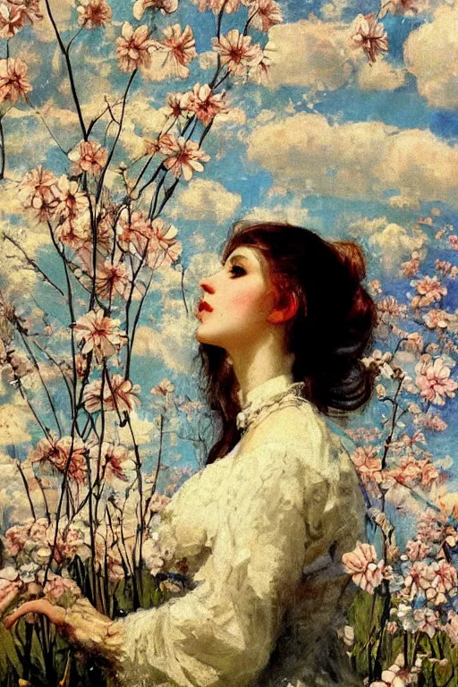 Image similar to close - up fashion woman portrait airy flowers clouds art by vasnetsov