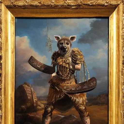 Image similar to A very detailed oil painting of an anthropomorphic hyena dressed like a Hoplite, Ancient Greece, backlit, very beautiful painting