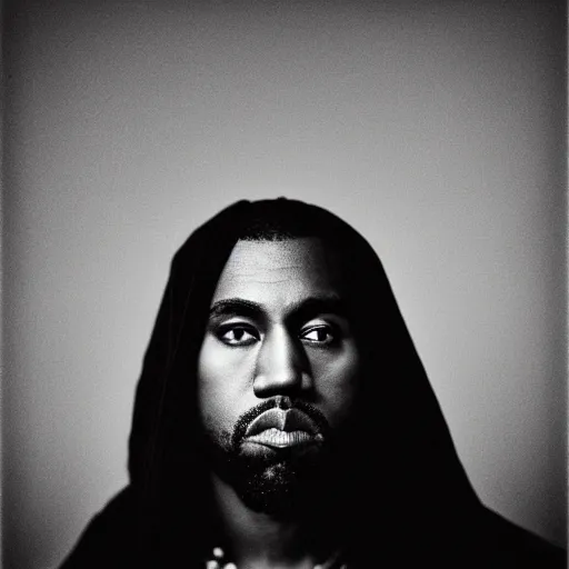 Image similar to a chiaroscuro lighting portrait of kanye west dressed as jesus, black background, portrait by julia margaret cameron, shallow depth of field, 8 0 mm, f 1. 8