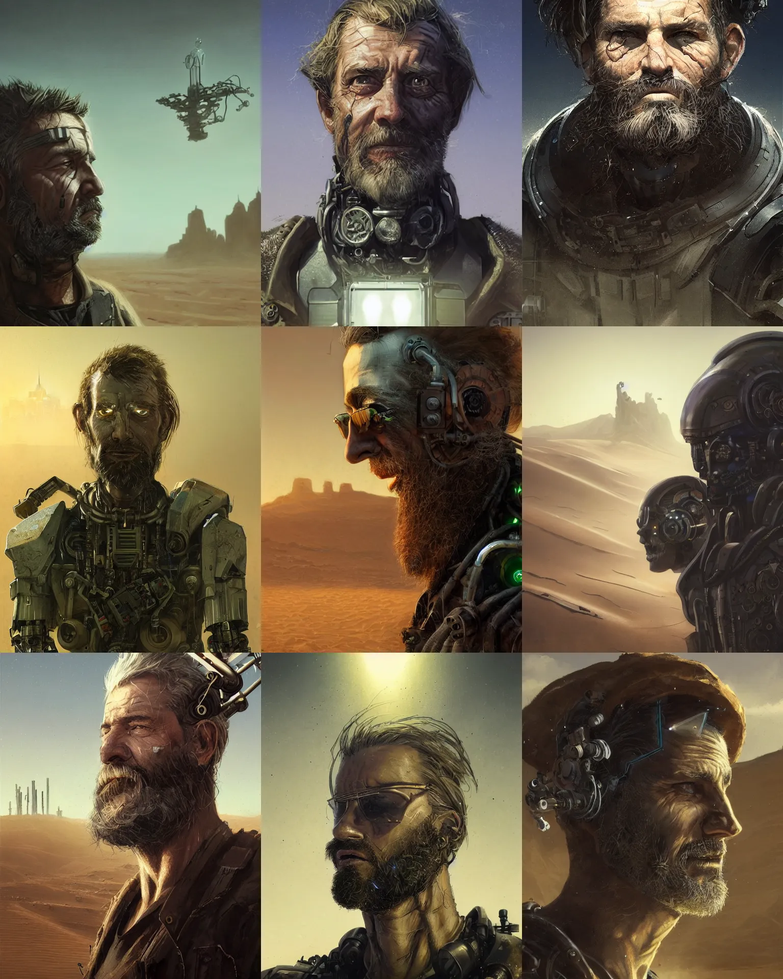Prompt: a rugged middle aged overseer man with cybernetic enhancements and unique hair lost in the desert, scifi character portrait by greg rutkowski, esuthio, craig mullins, short beard, green eyes, 1 / 4 headshot, cinematic lighting, dystopian scifi gear, gloomy, profile picture, mechanical, half robot, implants, steampunk