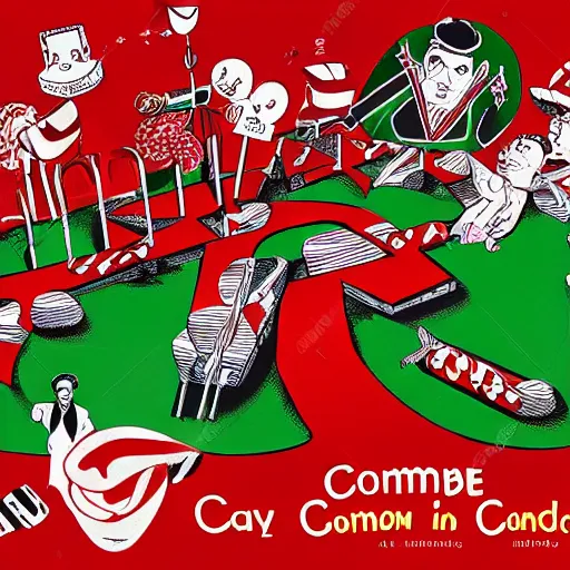 Image similar to a communist revolution in Candy Land, 1960s illustration, high quality, collage in the style of Klaus Voormann, album cover, white and red peppermint motif