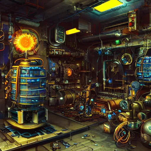 Prompt: fusion reactor in a cyberpunk tinkerer's workshop cryengine render by android jones, james christensen, rob gonsalves, and tim white