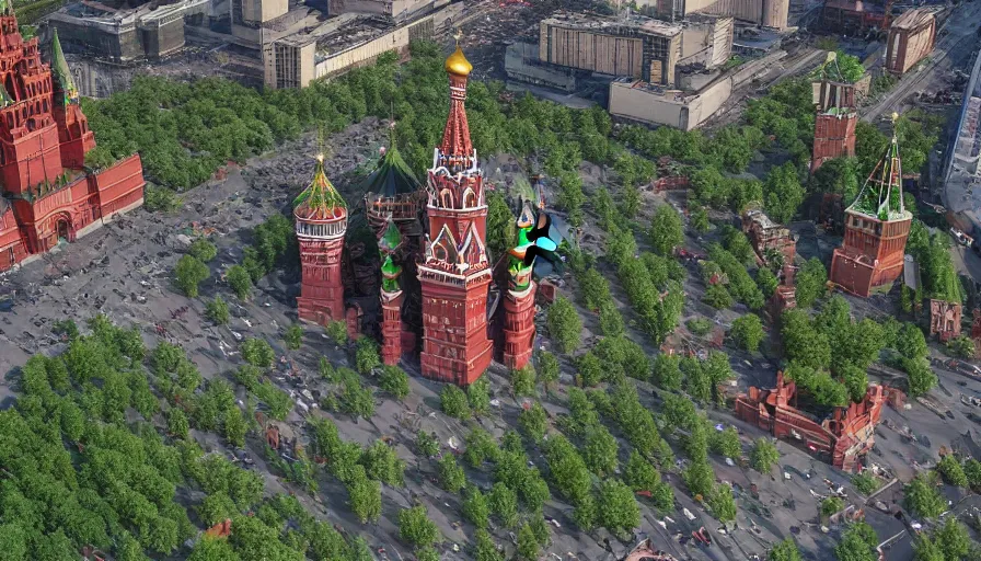 Image similar to Moscow's Red Square destroyed, abandoned and overgrown with plants, filled with mutant monsters, low angle view, hyperdetailed, artstation, 8k