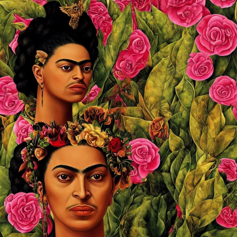 Prompt: surreal portrait of Beyoncé by Frida Kahlo, Rosa Rolanda, María Izquierdo, detailed, high quality, high resolution, surreal artistic wallpaper, HD 4K