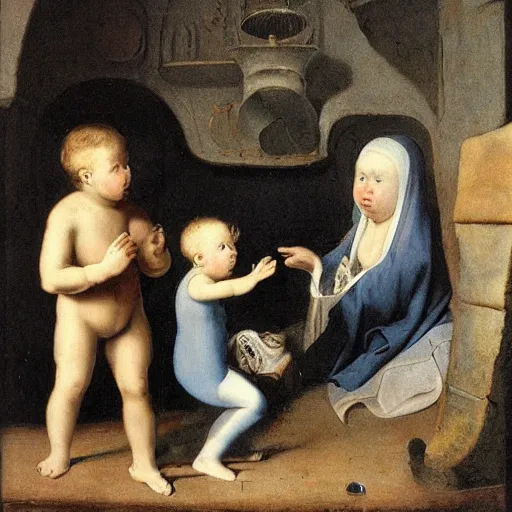 Prompt: alien kid see a human kid for the first time, maury, fink, aiken. by adriaen van ostade.