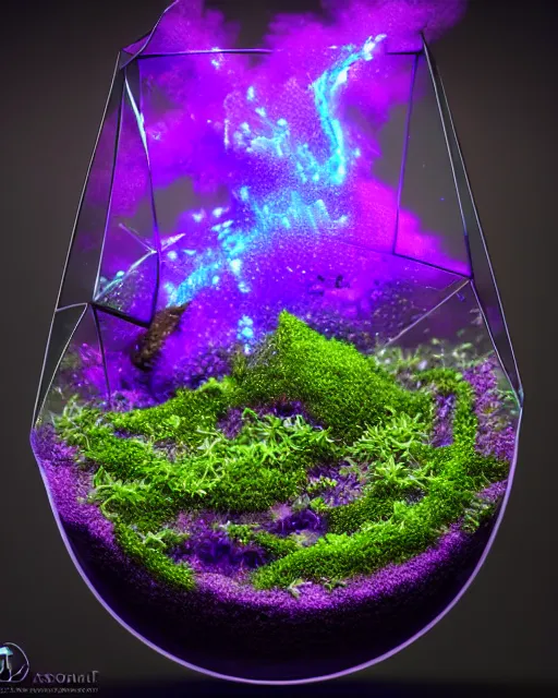 Prompt: product photography of ultra-violet terrarium overflowing with glowing liquid, vines wrap around the terrarium, unreal engine 5, blender, depth of field, landscape, lush, ultra realistic, cinematic, macro, artstation, megascan, elegant, epic, Quixel, weta digital, focus, octane render, v-ray, 8k, art by Sonia Delaunay