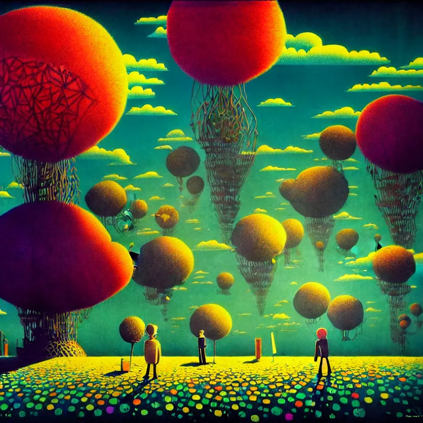 Image similar to surreal glimpse into other universe, zeppelin, island, summer morning, very coherent and colorful high contrast, art by! gediminas pranckevicius! geof darrow, volumetric lighting, cinematic, floralpunk screen printing woodblock, dark shadows, hard lighting, stipple brush