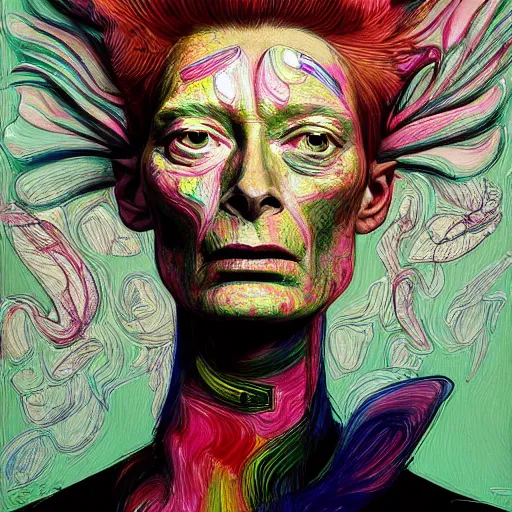 Image similar to a realistic yet sketched fierce neon tilda swinton, trending on artstation, by archan nair and marlene duma, intricate details, flowers, in the style of frank auerbach, in the style of martin ansin, in the style of david aja, in the style of mattias adolfsson