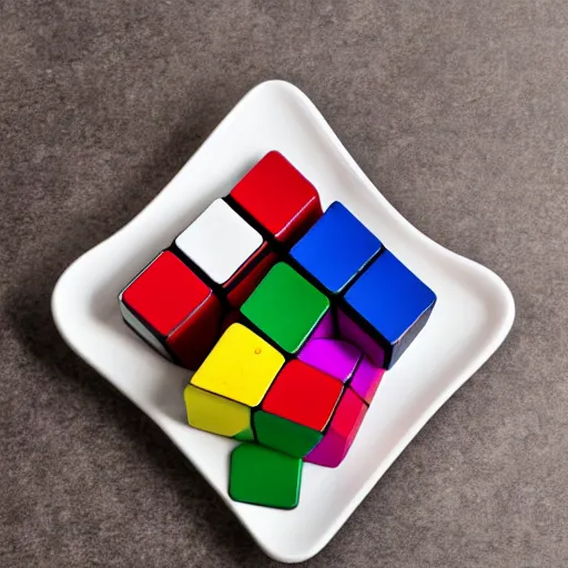 Image similar to a rubix cube on a plate on a table, drawn like a child