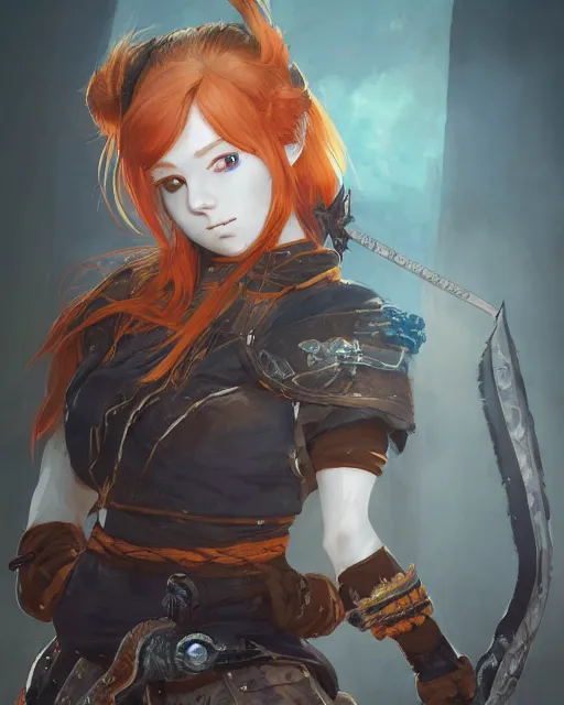 Image similar to An anime portrait of Ssunbiki as a ginger huntress with freckles from Skyrim, by Stanley Artgerm Lau, WLOP, Rossdraws, James Jean, Andrei Riabovitchev, Marc Simonetti, and Sakimichan, tranding on artstation, ultra realistic